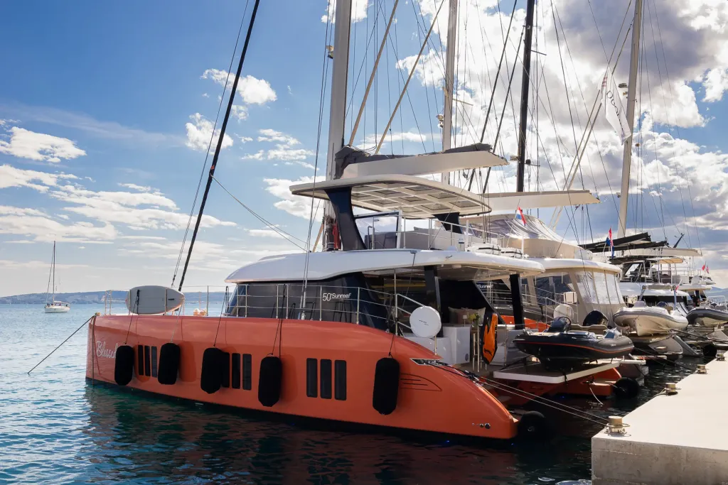 Sunreef catamaran berthed in a Croatian marina