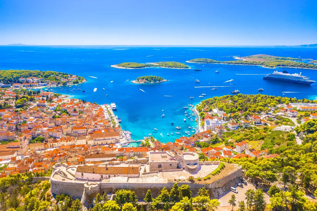 Aerial of Hvar town, the Spanish fortress and Pakleni islands