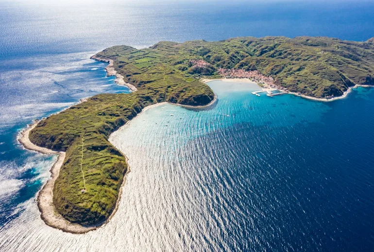 Aerial of low green Olib island with sandy shallows, a village and a pier