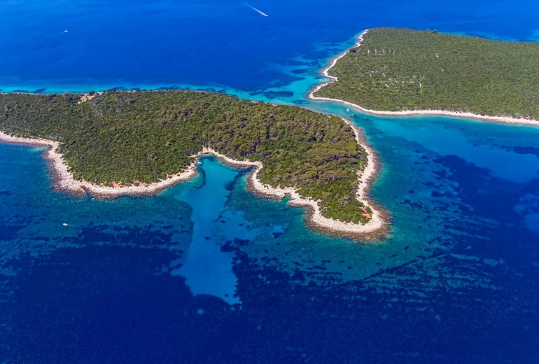 Aerial of low pine-covered Adriatic islets with turquoise channels in the Zadar area