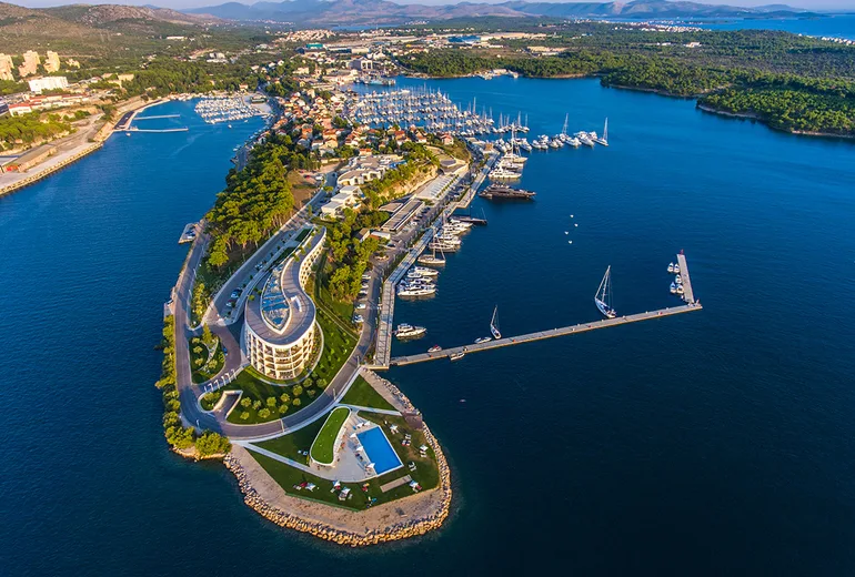 Aerial of the D-Resort and Mandalina Marina peninsula at Sibenik