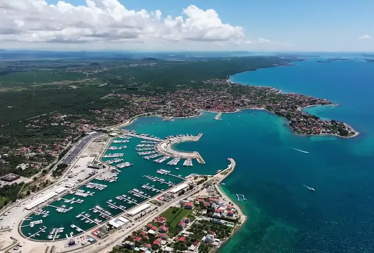 Aerial of the large D-Marin Dalmacija marina near Zadar with boats on the pontoons
