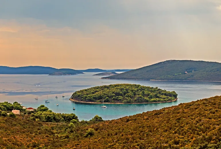 Sailboats anchored around a round wooded islet near Molat under a moody evening sky